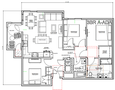 Floor plan for 3 beds, 2 baths, 1102 sqft